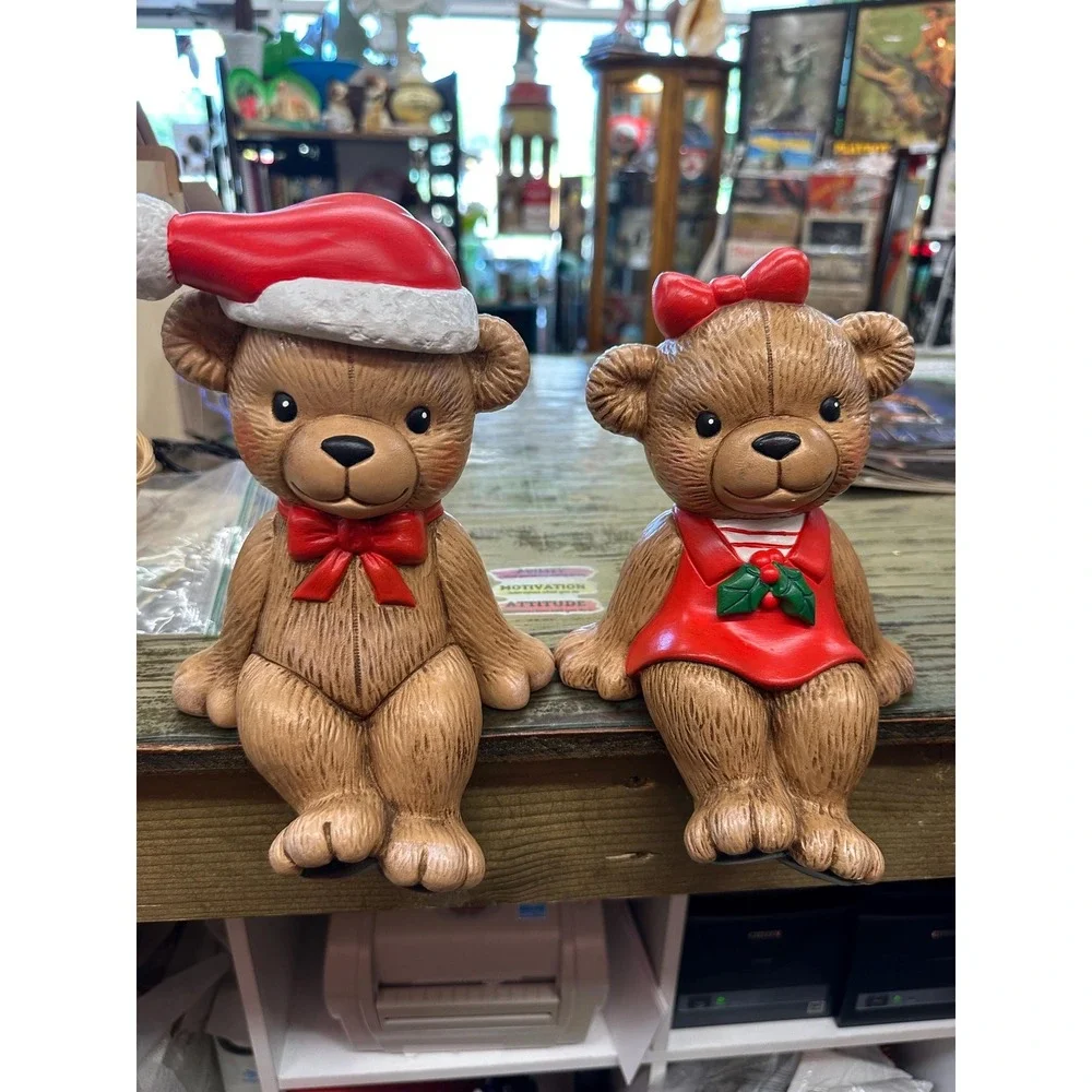 Vintage Hand Painted Mr & Mrs Christmas Bear Shelf Sitters